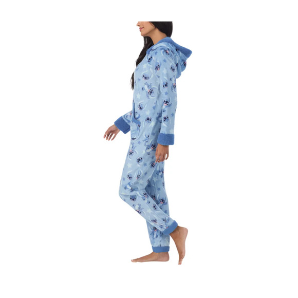 Disney Women’s Stitch Blue Fleece One-Piece Pajamas Large Hood Plush Cozy - Picture 3 of 4